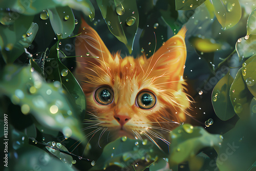 Create a modern animation style image of an orange kitten hidden amongst some foliage, the cat has large watery cartoon style eyes 