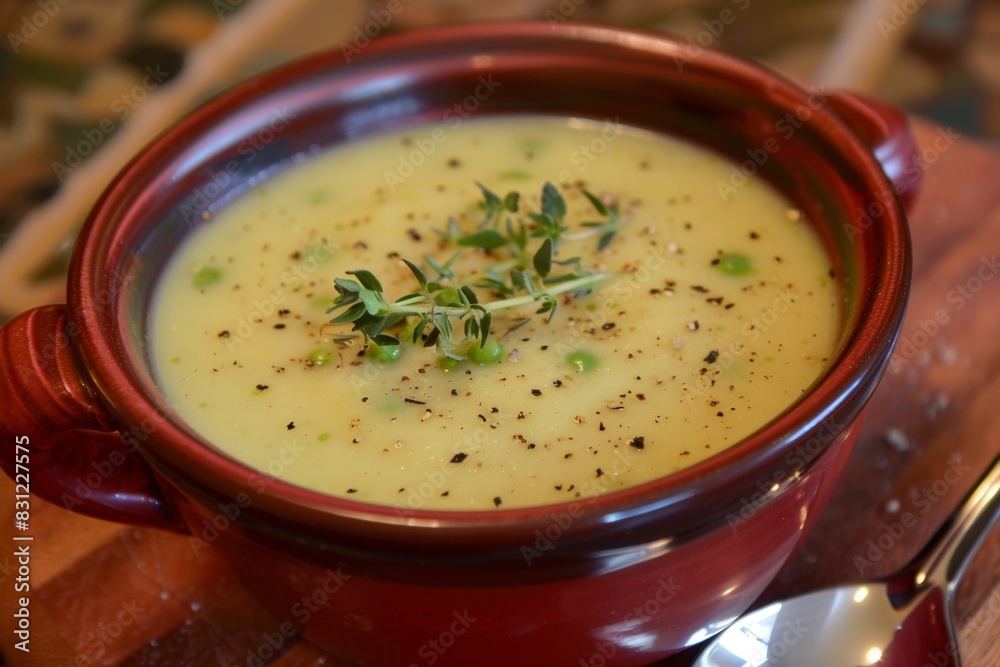 Creamy homemade soup in a red ceramic bowl garnished with herbs Creamy homemade soup in a red ceramic bowl garnished with herbs