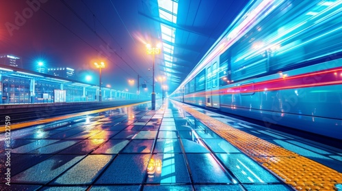 High-speed train station at night, with vibrant lights and reflections on the platform, creating a dynamic and modern urban scene