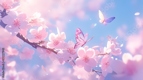 Serene Sakura Blossom Garden: Dreamy Pink Fantasy with Butterflies © Di