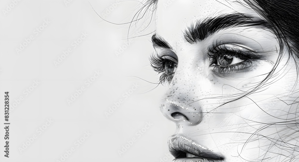 Fototapeta premium Pencil woman portrait sketch on a white paper.
