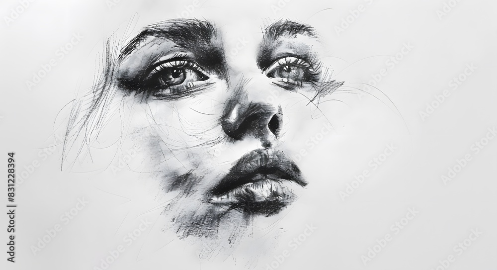 Obraz premium Pencil woman portrait sketch on a white paper.