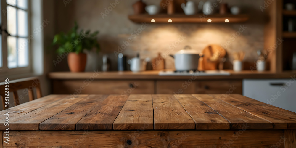 Empty wooden table against blurred background of warm, inviting kitchen elements Empty wooden table against blurred background of warm, inviting kitchen elements