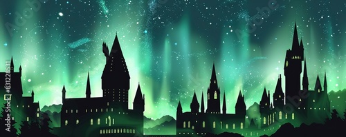 a black silhouette of magical school palace against the night sky with green aurora borealis and stars