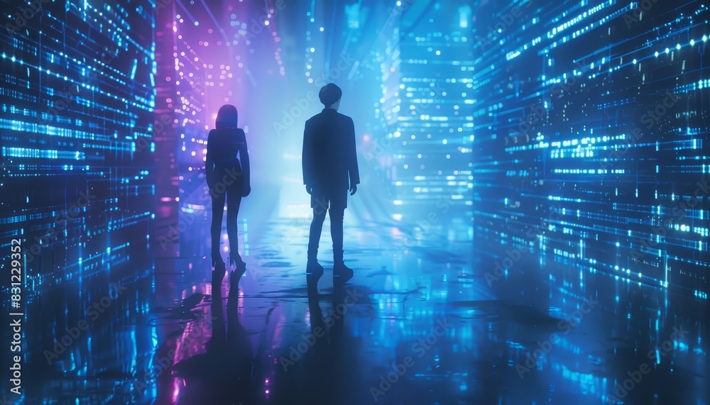 A couple standing in front of a large blue circle by AI generated image A couple standing in front of a large blue circle by AI generated image