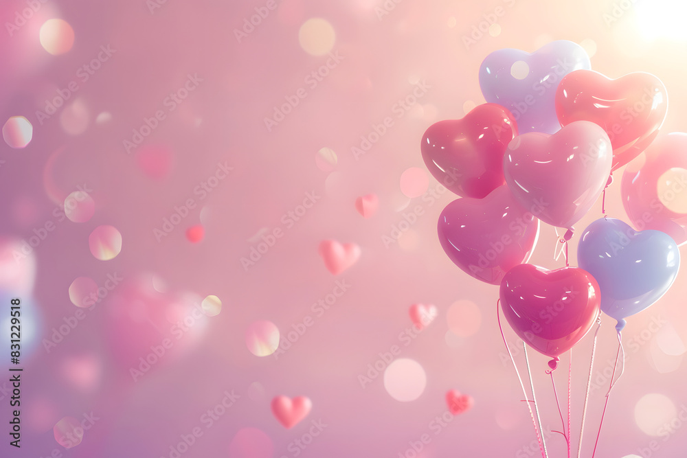 minimalist illustration of a dopamine color hearts balloons in the air against a soft pink background