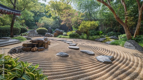 A sanctuary of mindfulness awaits. This Zen garden, with its meticulously raked sand, strategically positioned stones, and a soothing water feature, beckons you to enter a state of tranquility photo