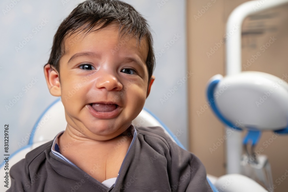 Naklejka premium baby sitting on a dentist chair, kid with white teeth in a dental studio, little patient in a clinic, beautiful smile