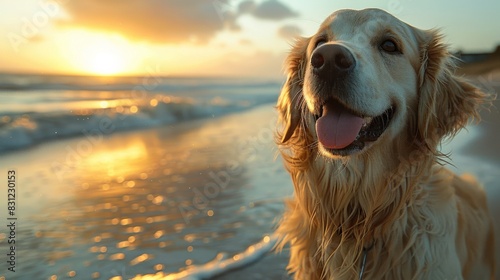 Happy dog enjoying sunset on the beach