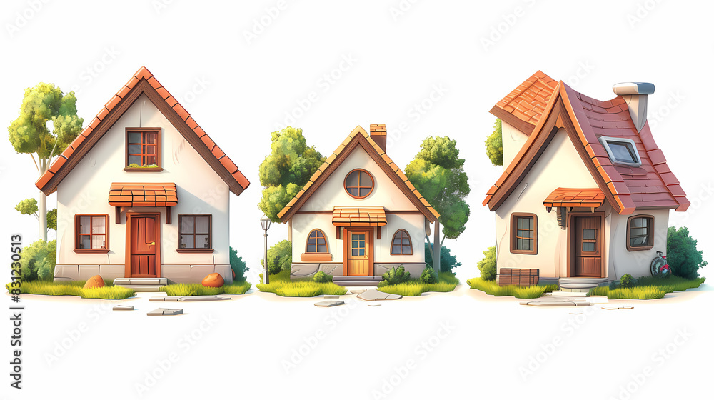 set Classic and modern family house residential apartment buildings. Real estate home property. Set Contemporary standard suburban urban village style with gable and flat roof solar panels.