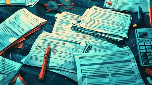 Disorganized Financial Documents Spread on Desk in Cluttered Workspace Representing Overwhelming Administrative Tasks and Bureaucratic Complexity photo