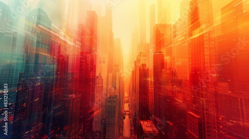 Vibrant digital art of a city skyline at sunset, with a modern, abstract twist