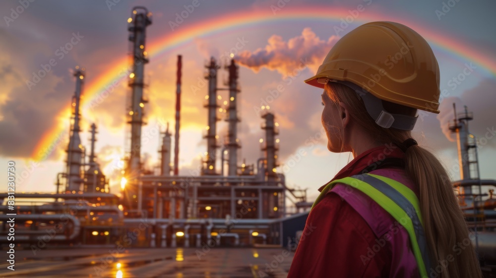 Female Engineer in Hard Hat at Oil Refinery with Stunning Rainbow Background Female Engineer in Hard Hat at Oil Refinery with Stunning Rainbow Background