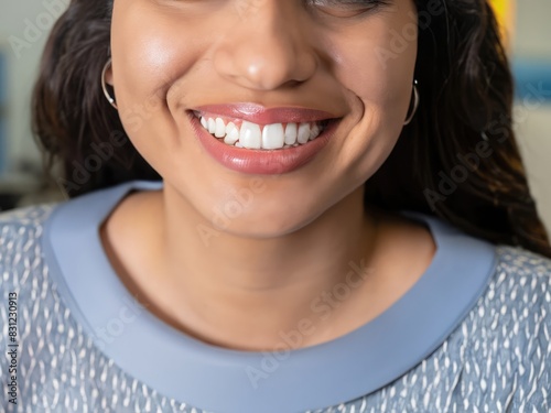 portrait of a woman smiling ina dental studio, at the dentist, perfect teeh,  photo