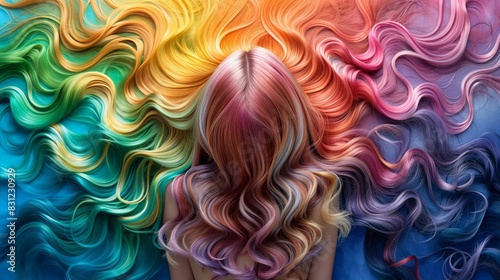 Stylish Hair Salon Theme with Curly Blonde Hair, Colorful Accessories, and Rainbow Elements photo