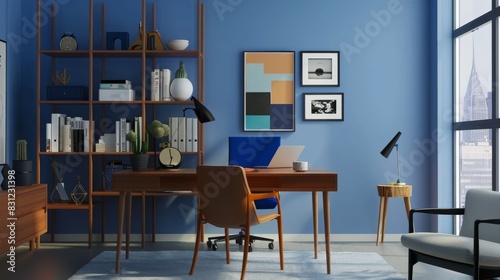 Interior of a Nordic-inspired study or home office, with a sleek desk, ergonomic chair, and minimalist decor, promoting focus and productivity in a serene setting