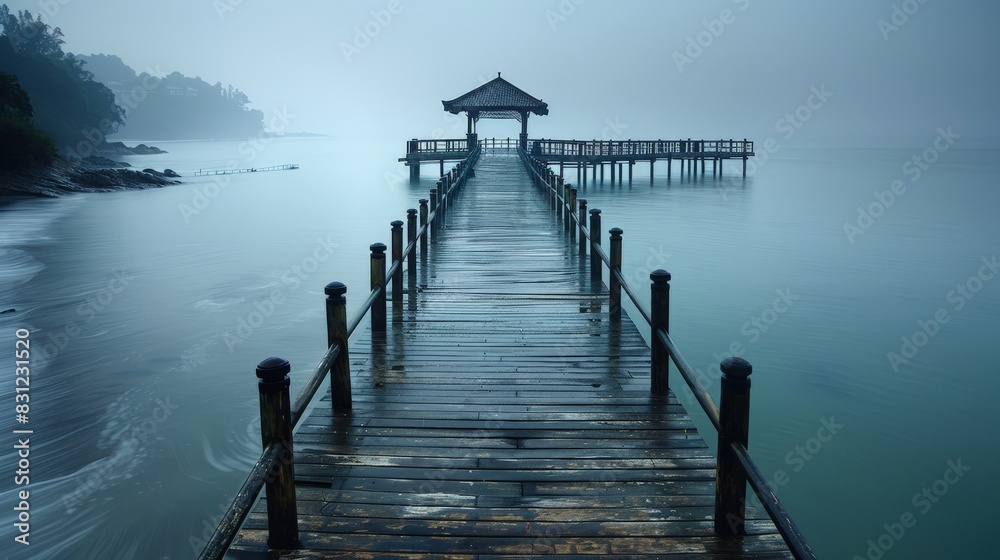 A wooden pier extending into the calm sea, with a gazebo at the end and metal railings, under a cloudy sky, creating an atmosphere of peace and solitude.