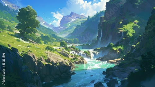 An isolated mountain river runs swiftly its water sparkling clean and fresh meandering through the picturesque mountain landscape