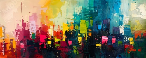 Colorful modern art piece depicting a lively urban skyline with textured brushstrokes