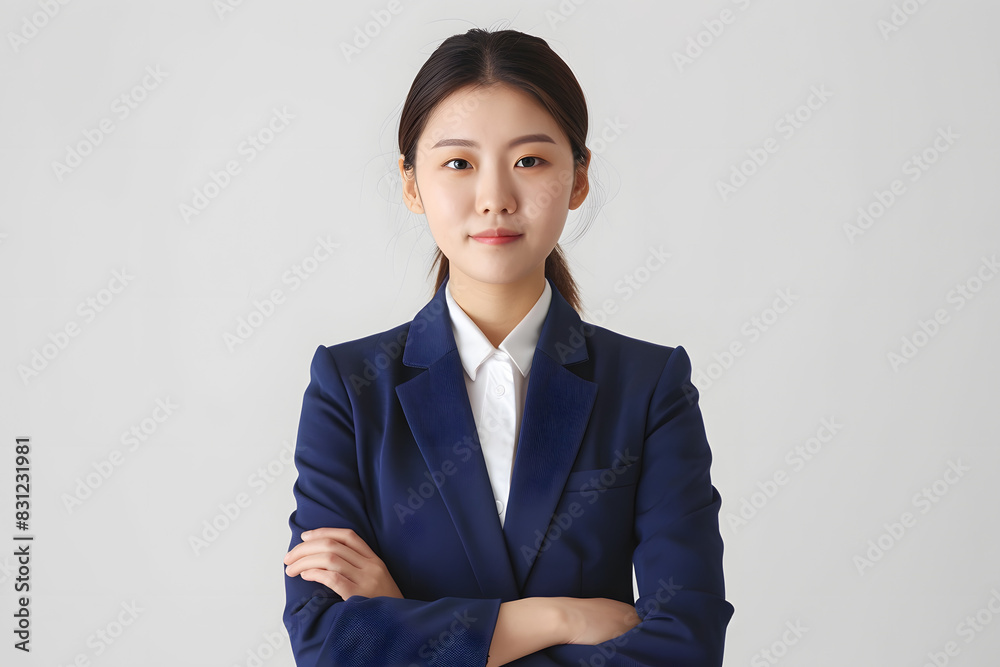 A businesswoman in a blue suit with a white shirt, her hands crossed in front of her chest A businesswoman in a blue suit with a white shirt, her hands crossed in front of her chest