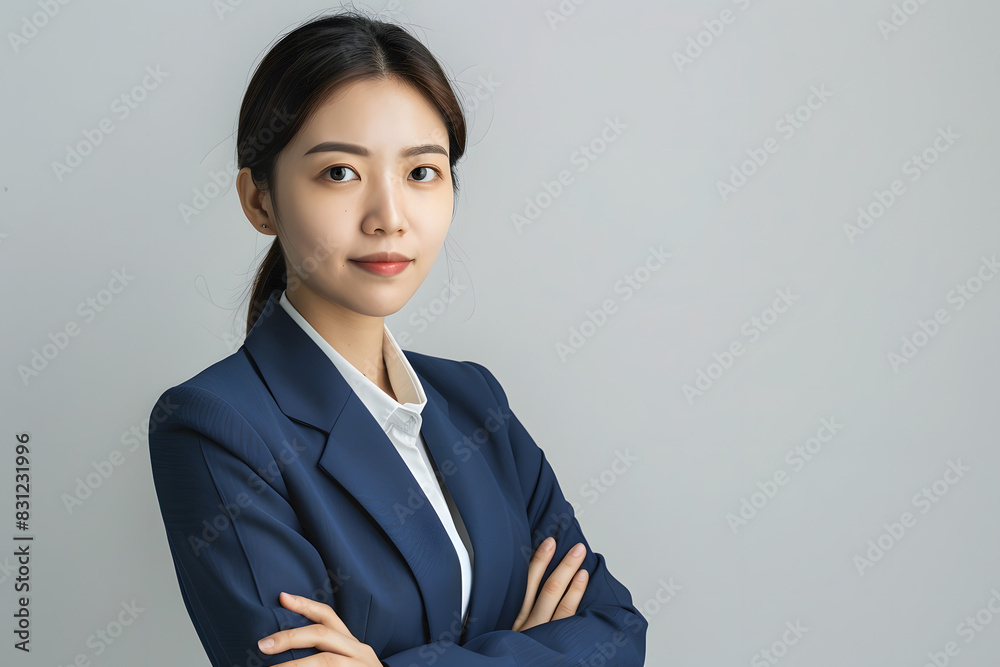 A businesswoman in a blue suit with a white shirt, her hands crossed in front of her chest A businesswoman in a blue suit with a white shirt, her hands crossed in front of her chest