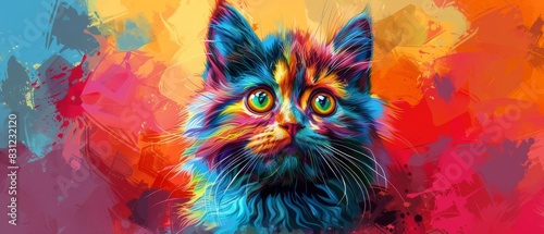 Selkirk Rex Cat in vibrant pop art style  colorful geometric background close up  whimsical  blend mode  cityscape backdrop
