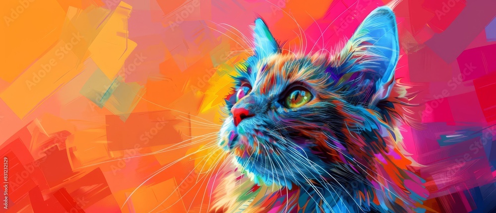 Fototapeta Selkirk Rex Cat in vibrant pop art style, colorful geometric background close up, whimsical, blend mode, cityscape backdrop