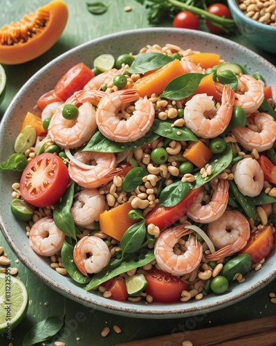 Close-up of a vibrant plate of som tam with shredded green papaya, featuring fresh tomatoes, long beans, dried shrimp, crushed peanuts, and a tangy li