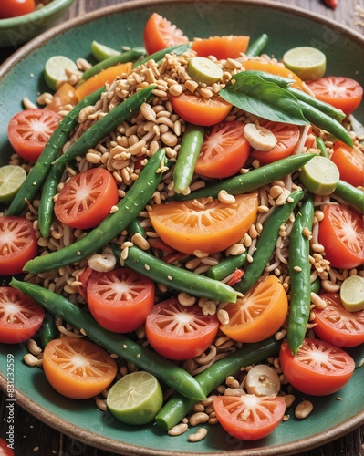 Close-up of a vibrant plate of som tam with shredded green papaya, featuring fresh tomatoes, long beans, dried shrimp, crushed peanuts, and a tangy li