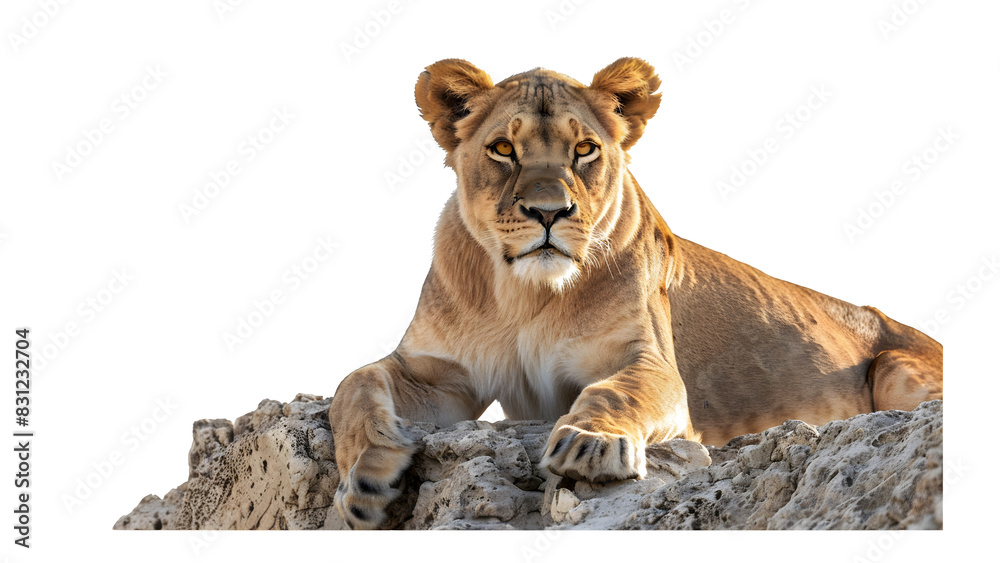Obraz premium Lioness sitting on a rock isolated on a transparent background, PNG, Ai