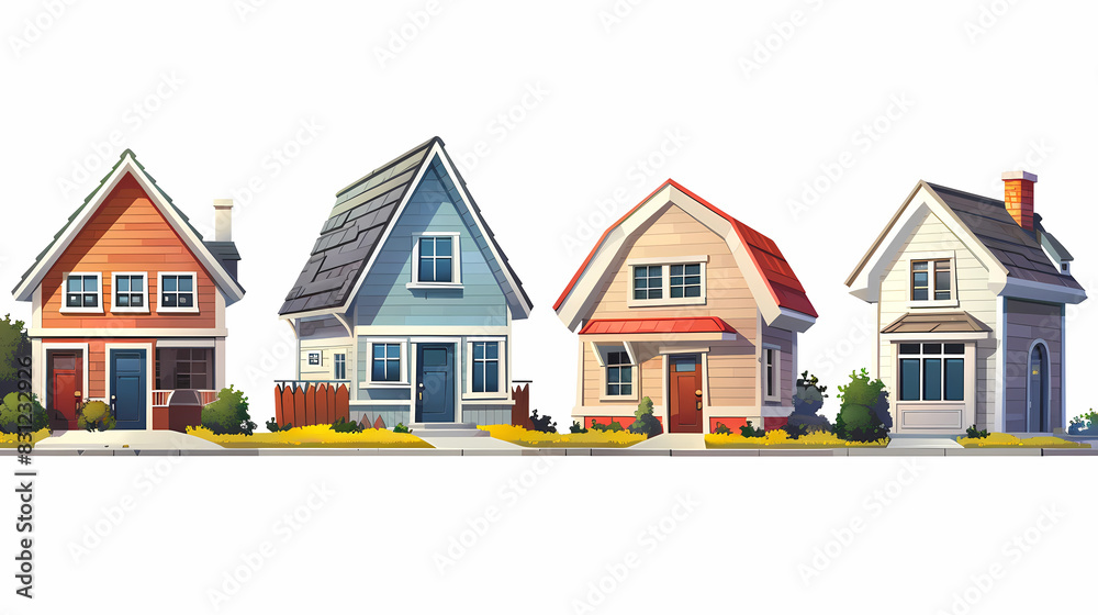 set Classic and modern family house residential apartment buildings. Real estate home property. Set Contemporary standard suburban urban village style with gable and flat roof solar panels.