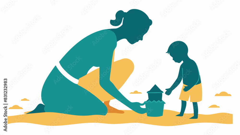 Mother and Child Building Sandcastle | Continuous Line Art Vector Silhouette Mother and Child Building Sandcastle | Continuous Line Art Vector Silhouette
