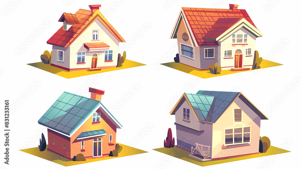Fototapeta premium set Classic and modern family house residential apartment buildings. Real estate home property. Set Contemporary standard suburban urban village style with gable and flat roof solar panels.