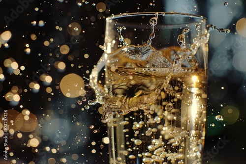 CloseUp of Champagne Glasses with Bubbly Liquid Splashing on a Black Background