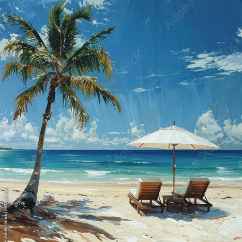 Beautiful tropical beach with two sun loungers under umbrellas. The white sand is covered in palm tree style and there are no people around. It feels peaceful and relaxing.