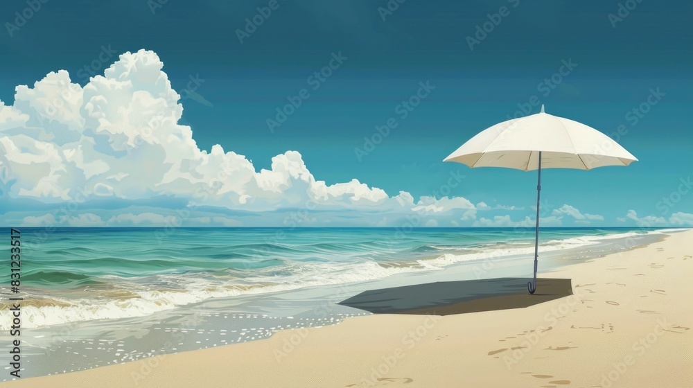 Tranquil Beach Umbrella Offering Respite from the Sun s Heat Serene Coastal Scene with Soothing Ocean Waves and a Peaceful Escape from the Summer s Warmth