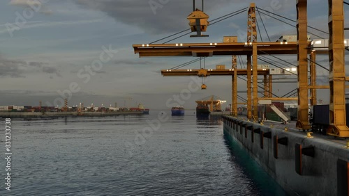 Aerial View of an Industrial Shipping Port showcasing Cranes and Cargo Ships on the Waterfront photo