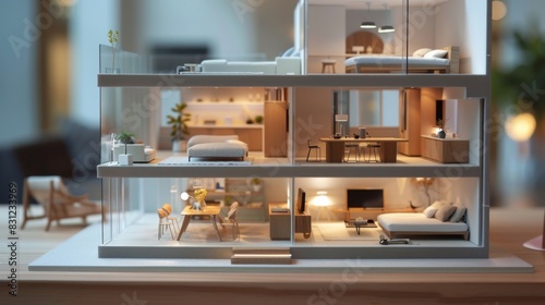 Miniature model of a minimalist apartment, featuring modular furniture, efficient use of space, and minimalist decor, ideal for urban living