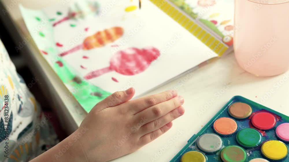 Child paints at class or home with aquarelle paints. Children art and creativity concept.