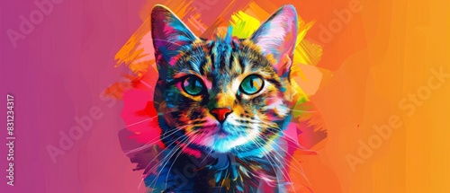 Stylish American Shorthair Cat artwork, vibrant pop art, colorful geometric patterns copy space, futuristic, multilayer, modern interior backdrop