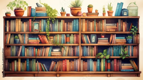 A full wooden bookshelf filled with books, plants, and a few decorative items.