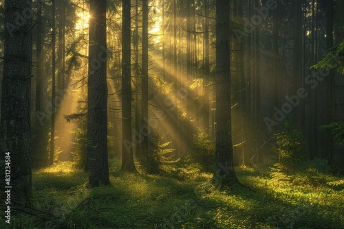 A peaceful forest clearing with shafts of golden sunlight filtering through generated by AI