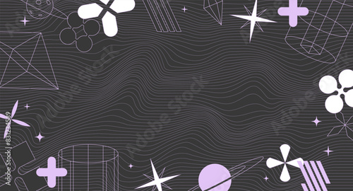 Retrofuturism dark background with abstract geometric shapes. Futuristic retro minimalism