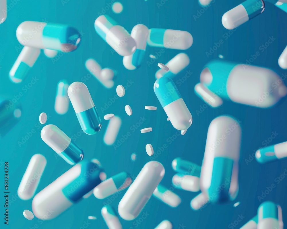 white and turquoise medical pills falling on a blue background white and turquoise medical pills falling on a blue background