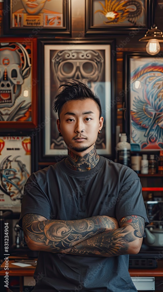 Fototapeta premium A man with tattoos standing outside a bar