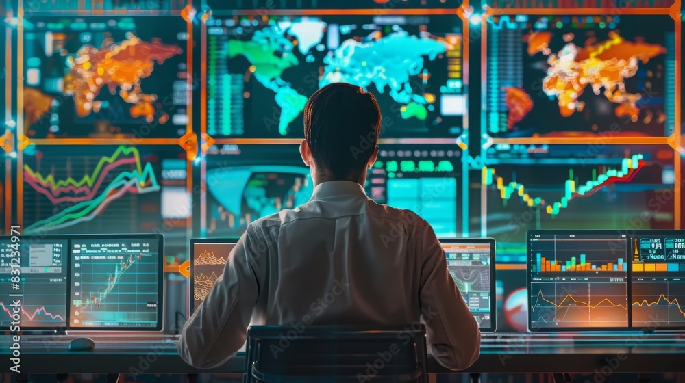 A man is seated at a desk, concentrating on the computer monitors in front of him. A man is seated at a desk, concentrating on the computer monitors in front of him.