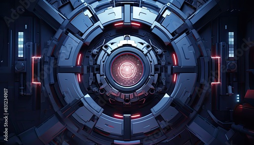 Abstract futuristic technology background with glowing red core and circular metal panels.