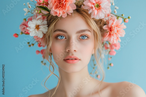 Portrait of beautiful blonde woman with flower wreath on her head isolated on blue background. © Rattanapon