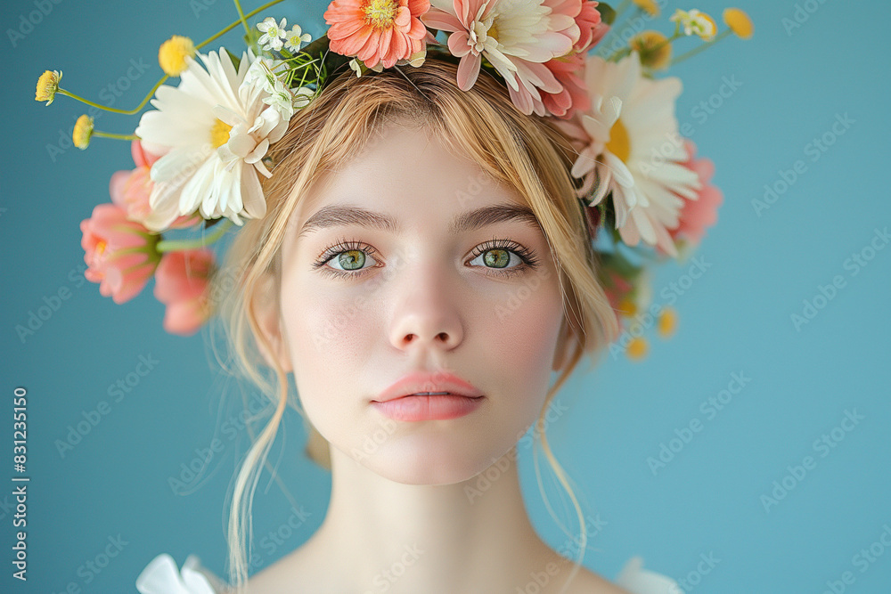 Portrait of beautiful blonde woman with flower wreath on her head isolated on blue background. Portrait of beautiful blonde woman with flower wreath on her head isolated on blue background.
