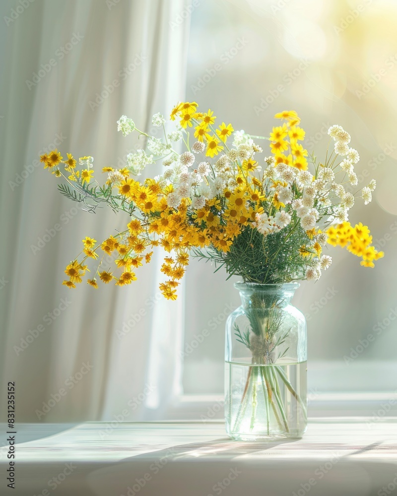 A beautiful bouquet of mimosa and daisies in a glass vase on a table with cloth on blur background A beautiful bouquet of mimosa and daisies in a glass vase on a table with cloth on blur background